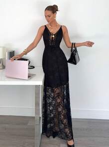 Siren Gaze Summer New Black Lace Elegant Long Dress Female Elegant Lace Long Dress, Sexy Elegant Perspective Lace Suspender Dress, Black Long Dress Women Dresses Birthday