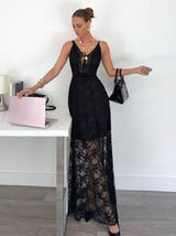 Siren Gaze Summer New Black Lace Elegant Long Dress Female Elegant Lace Long Dress, Sexy Elegant Perspective Lace Suspender Dress, Black Long Dress Women Dresses Birthday