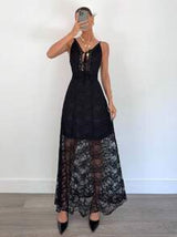 Siren Gaze Summer New Black Lace Elegant Long Dress Female Elegant Lace Long Dress, Sexy Elegant Perspective Lace Suspender Dress, Black Long Dress Women Dresses Birthday
