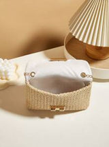 1pc Beige Woven Fabric Shoulder Bag With Detachable Chain Strap - Casual Style, Detachable Strap, Buckle Closure, Polyester Lining, Hand Washable, Suitable For Casual Occasions, Casual Woven Texture Bag With Detachable Strap