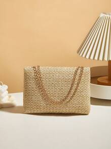 1pc Beige Woven Fabric Shoulder Bag With Detachable Chain Strap - Casual Style, Detachable Strap, Buckle Closure, Polyester Lining, Hand Washable, Suitable For Casual Occasions, Casual Woven Texture Bag With Detachable Strap