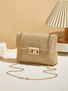 1pc Beige Woven Fabric Shoulder Bag With Detachable Chain Strap - Casual Style, Detachable Strap, Buckle Closure, Polyester Lining, Hand Washable, Suitable For Casual Occasions, Casual Woven Texture Bag With Detachable Strap