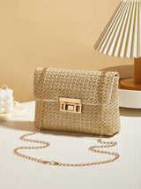 1pc Beige Woven Fabric Shoulder Bag With Detachable Chain Strap - Casual Style, Detachable Strap, Buckle Closure, Polyester Lining, Hand Washable, Suitable For Casual Occasions, Casual Woven Texture Bag With Detachable Strap