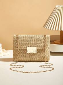 1pc Beige Woven Fabric Shoulder Bag With Detachable Chain Strap - Casual Style, Detachable Strap, Buckle Closure, Polyester Lining, Hand Washable, Suitable For Casual Occasions, Casual Woven Texture Bag With Detachable Strap