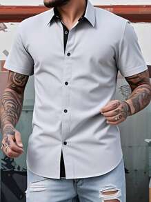 Manfinity Mode Men's Solid Color Short Sleeve Single-Breasted Casual Commuter Shirt, Summer Men Fitted Shirts Men Business Casual Shirts Men's Slim Fit Shirts Short Sleeve Dress Shirts Fitted Shirts For Men