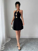 Elegant Sleeveless Backless Pleated Hollow Gold Party Dress