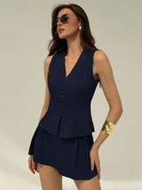 Aloruh 2 Pieces Set for Women Casual Solid Color V-Neck Sleeveless Top And Shorts