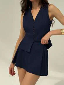 easyown 2 Pieces Set for Women Casual Solid Color V-Neck Sleeveless Top And Shorts