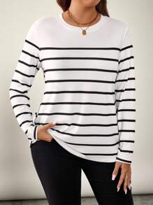 EASYOWN LUNE Plus Size Round Neck Long Sleeve Striped Simple T-Shirt, Casual Everyday Wear Women Tops White Top Black Shirt Fall Clothes Clothes Travel Outfit Airport Holiday Outfit