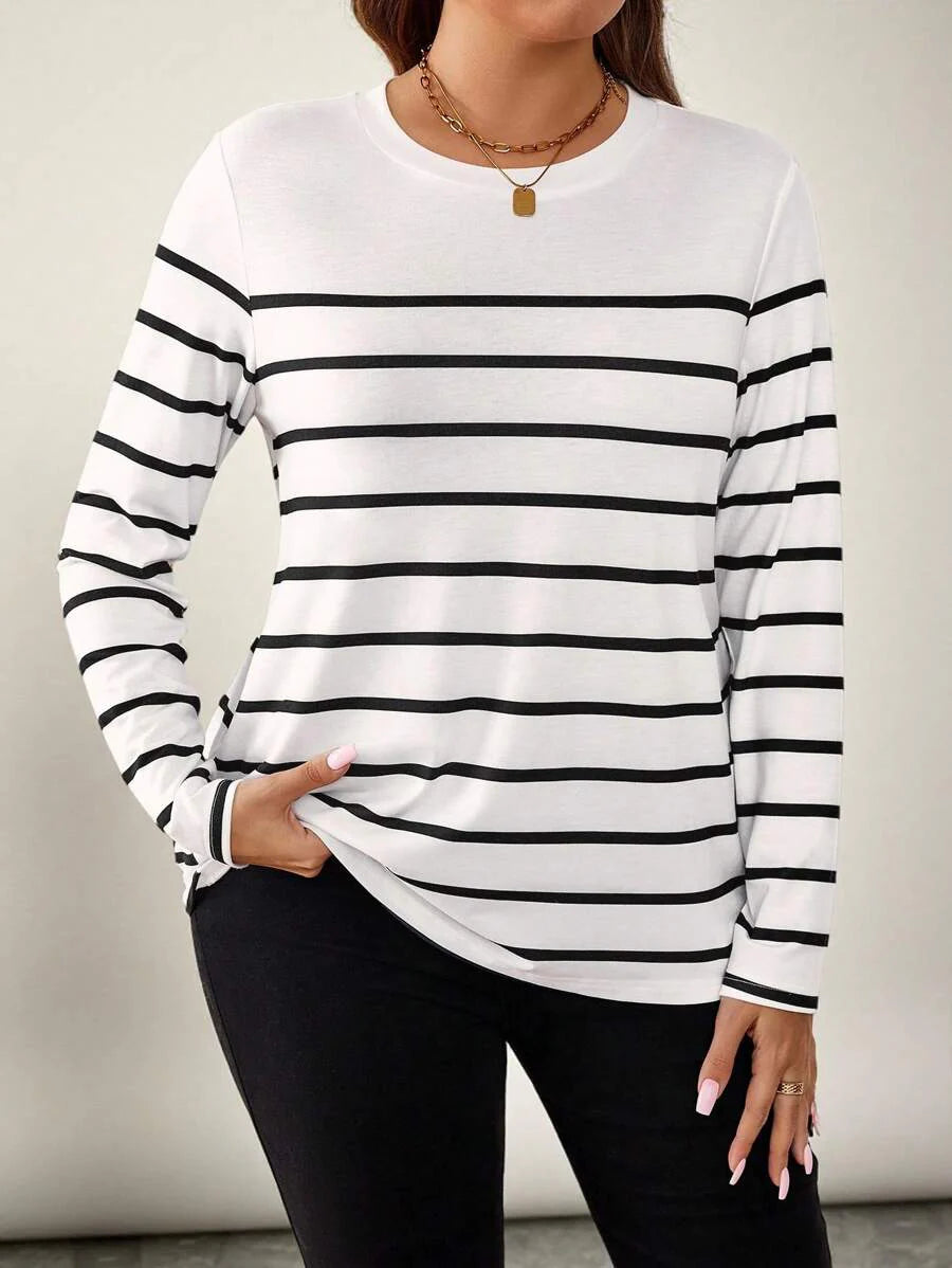 LUNE Plus Size Round Neck Long Sleeve Striped Simple T-Shirt, Casual Everyday Wear Women Tops White Top Black Shirt Fall Clothes Clothes Travel Outfit Airport Holiday Outfit