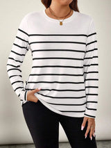 LUNE Plus Size Round Neck Long Sleeve Striped Simple T-Shirt, Casual Everyday Wear Women Tops White Top Black Shirt Fall Clothes Clothes Travel Outfit Airport Holiday Outfit