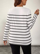 LUNE Plus Size Round Neck Long Sleeve Striped Simple T-Shirt, Casual Everyday Wear Women Tops White Top Black Shirt Fall Clothes Clothes Travel Outfit Airport Holiday Outfit