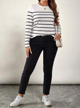 LUNE Plus Size Round Neck Long Sleeve Striped Simple T-Shirt, Casual Everyday Wear Women Tops White Top Black Shirt Fall Clothes Clothes Travel Outfit Airport Holiday Outfit
