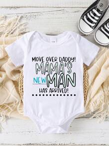Baby Boy Fashionable Minimalist Cute Slogan Letter Print Short Sleeve Bodysuit, Summer Newborn