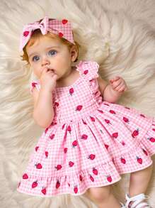 2 Pieces Newborn Baby Girl Pink Strawberry Plaid Print Dress With Cute Bow Headband, 0-3 Months, Adorable, Sweet, Soft, Stretchy, Comfortable, Ruffled Trim, Suitable For Outdoor, Travel, Photography, Spring/Summer New Arrivals