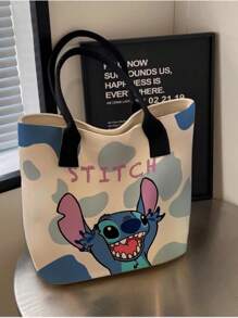 Disney 1pc (Disney Authorized) Stitch,Mickey Mouse,Disney Princess,PLUTO Series Beige Simple And Fashionable Cartoon Canvas Bag, Girl's Portable Tote Bag.