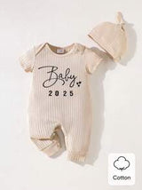 2-Pcs Newborn Baby Boys/Girls Casual Knit Comfortable Letter Printed Solid Color Short Sleeve Jumpsuit & Hat Set, Spring/Summer, 2025 New Year Version, Valentine's Day