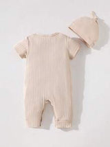 2-Pcs Newborn Baby Boys/Girls Casual Knit Comfortable Letter Printed Solid Color Short Sleeve Jumpsuit & Hat Set, Spring/Summer, 2025 New Year Version, Valentine's Day
