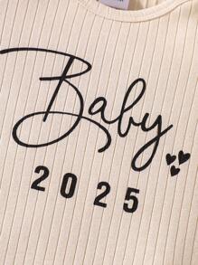 2-Pcs Newborn Baby Boys/Girls Casual Knit Comfortable Letter Printed Solid Color Short Sleeve Jumpsuit & Hat Set, Spring/Summer, 2025 New Year Version, Valentine's Day