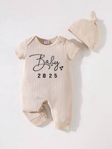 2-Pcs Newborn Baby Boys/Girls Casual Knit Comfortable Letter Printed Solid Color Short Sleeve Jumpsuit & Hat Set, Spring/Summer, 2025 New Year Version, Valentine's Day