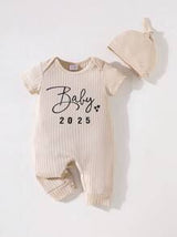 2-Pcs Newborn Baby Boys/Girls Casual Knit Comfortable Letter Printed Solid Color Short Sleeve Jumpsuit & Hat Set, Spring/Summer, 2025 New Year Version, Valentine's Day