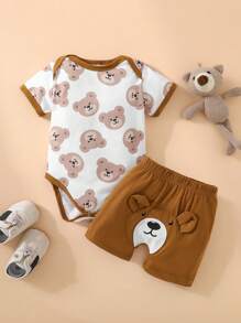 Persoplay Kids 2pcs Newborn Infant Casual Daily Cute Bear Graphic Print Short Sleeve Romper & Shorts Set, Suitable For Spring/Summer Outdoor Wear