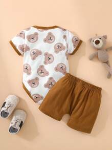 Persoplay Kids 2pcs Newborn Infant Casual Daily Cute Bear Graphic Print Short Sleeve Romper & Shorts Set, Suitable For Spring/Summer Outdoor Wear