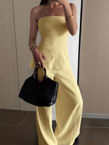 easyown 2pcs/Set Women's Summer Solid Color Bandeau Top And Pants Set