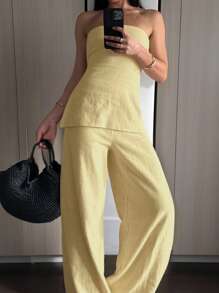 easyown 2pcs/Set Women's Summer Solid Color Bandeau Top And Pants Set