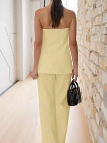 easyown 2pcs/Set Women's Summer Solid Color Bandeau Top And Pants Set