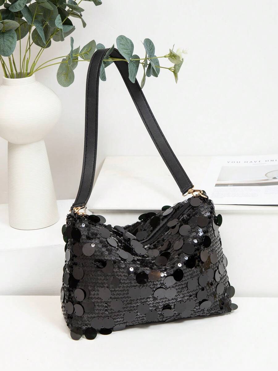 1pc Women's New Arrival Sequin Crescent Shaped PVC Shoulder Bag