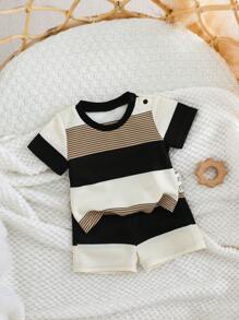 Newborn Baby Boy/Girl 2Pcs Outfit Set: Soft Knit Colorful Striped Crew Neck Short Sleeve Top & Elastic Waist Shorts
