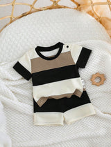 Newborn Baby Boy/Girl 2Pcs Outfit Set: Soft Knit Colorful Striped Crew Neck Short Sleeve Top & Elastic Waist Shorts
