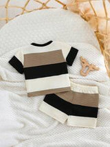 Newborn Baby Boy/Girl 2Pcs Outfit Set: Soft Knit Colorful Striped Crew Neck Short Sleeve Top & Elastic Waist Shorts