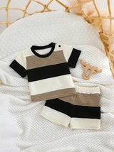 Newborn Baby Boy/Girl 2Pcs Outfit Set: Soft Knit Colorful Striped Crew Neck Short Sleeve Top & Elastic Waist Shorts