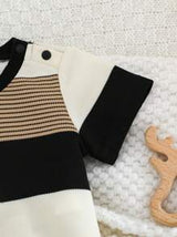 Newborn Baby Boy/Girl 2Pcs Outfit Set: Soft Knit Colorful Striped Crew Neck Short Sleeve Top & Elastic Waist Shorts