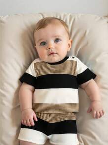 Newborn Baby Boy/Girl 2Pcs Outfit Set: Soft Knit Colorful Striped Crew Neck Short Sleeve Top & Elastic Waist Shorts
