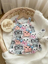 Baby Girl Casual Cute Cartoon Kitten Pattern Sleeveless Dress