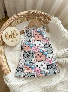 Baby Girl Casual Cute Cartoon Kitten Pattern Sleeveless Dress