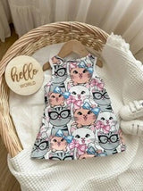 Baby Girl Casual Cute Cartoon Kitten Pattern Sleeveless Dress