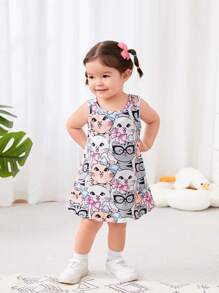 Baby Girl Casual Cute Cartoon Kitten Pattern Sleeveless Dress