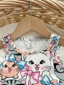 Baby Girl Casual Cute Cartoon Kitten Pattern Sleeveless Dress