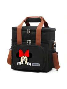 Cartoon Disney Minnie Mouse & Stitch Printed Insulated Dual Layer Lunch Bag, Portable Lunch Box Bag For Office, Picnic, Campingback To School School Stuff Bag For School Work Lunch Bag For Women Cooler Bag Picnic Accessories
