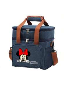Cartoon Disney Minnie Mouse & Stitch Printed Insulated Dual Layer Lunch Bag, Portable Lunch Box Bag For Office, Picnic, Campingback To School School Stuff Bag For School Work Lunch Bag For Women Cooler Bag Picnic Accessories