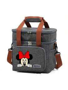 Cartoon Disney Minnie Mouse & Stitch Printed Insulated Dual Layer Lunch Bag, Portable Lunch Box Bag For Office, Picnic, Campingback To School School Stuff Bag For School Work Lunch Bag For Women Cooler Bag Picnic Accessories