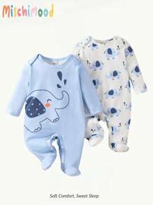 2pcs Newborn Simple Cute Elephant Print White & Blue Long Sleeve & Leg Footed Romper Sleepwear Set