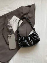 Fashionable Glossy PU Leather Women Crescent Shaped Bag, Minimalist Solid Color Pleated Shoulder Bag