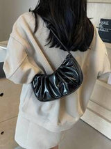 Fashionable Glossy PU Leather Women Crescent Shaped Bag, Minimalist Solid Color Pleated Shoulder Bag
