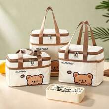 WORTHBUY 1pc Cute Cartoon Bear Pattern Thermal Lunch Box Bag, Portable Large Capacity Insulated Lunch Bag With Aluminum Foil Inner Layer, Waterproof & Dustproof Food Container Storage Bag, Reusable Nonwoven Cloth Cooler Bag Picnic Bag, Suitable For Studen