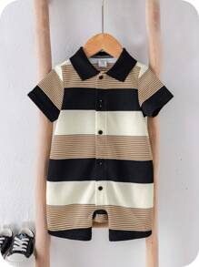 Newborn Baby Boy Cute Striped Knit Short Sleeve Romper, Suitable For Birthday Party, Evening Party, Performance, Wedding, One Month Celebration, Christening And 1st Birthday Baby Shower, Summer
